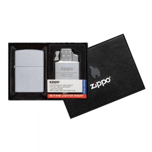 Подарочный набор Zippo зажигалка Satin Chrome и газовый вставной блок с двойным пламенем 205-090201